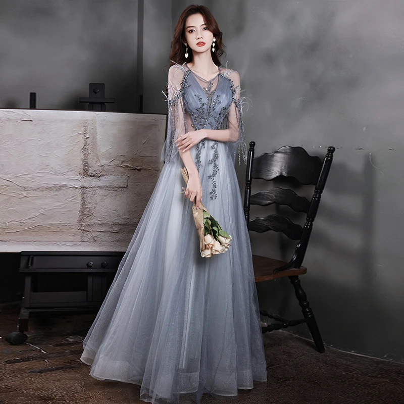 

Evening Dress O-Neck Luxurious Appliques Empire A-Line Beading Half Sleeves Pleat Floor-Length Woman Formal Party Gowns A1270