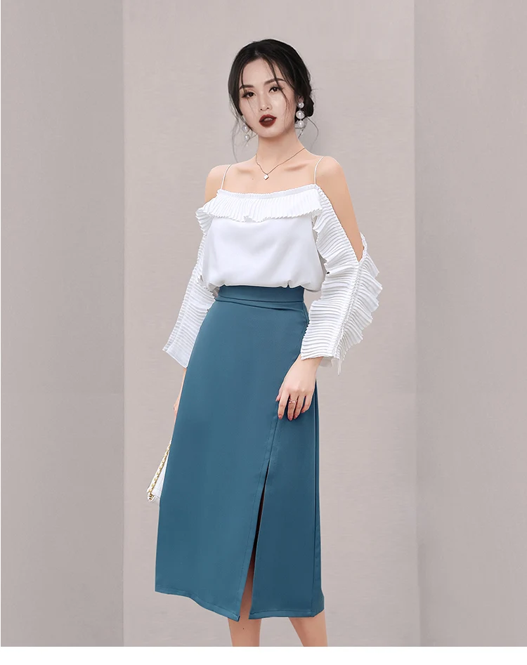 

2021 Summer New 2 Pieces Set Women Off The Shoulder Shirts Blouses and Split Pencil Skirts Korean Chic Office Lady Suits