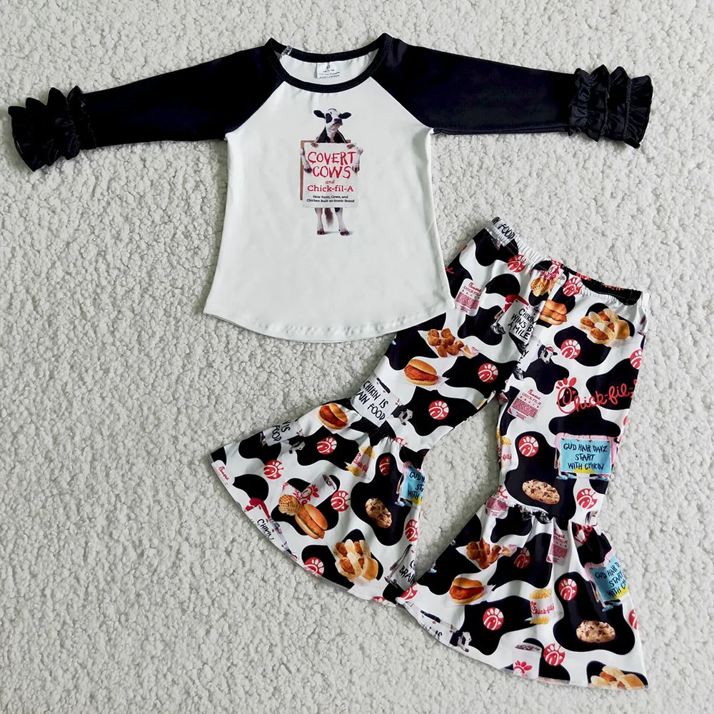 

Top Selling Girls Long Sleeve Outfits For Spring Autumn Milk Cow Printed Top And Cartoon Pattern Flare Pants 2Pieces Set
