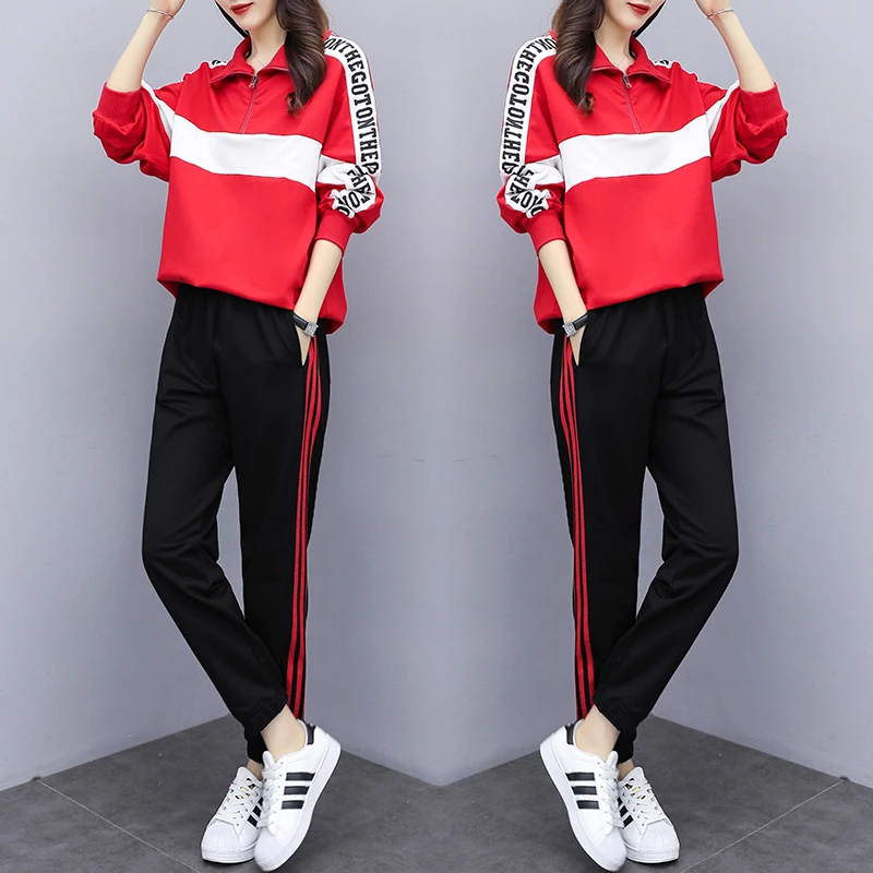Модный женский спортивный костюм с длинным рукавом весна 2020 топ отворотом и