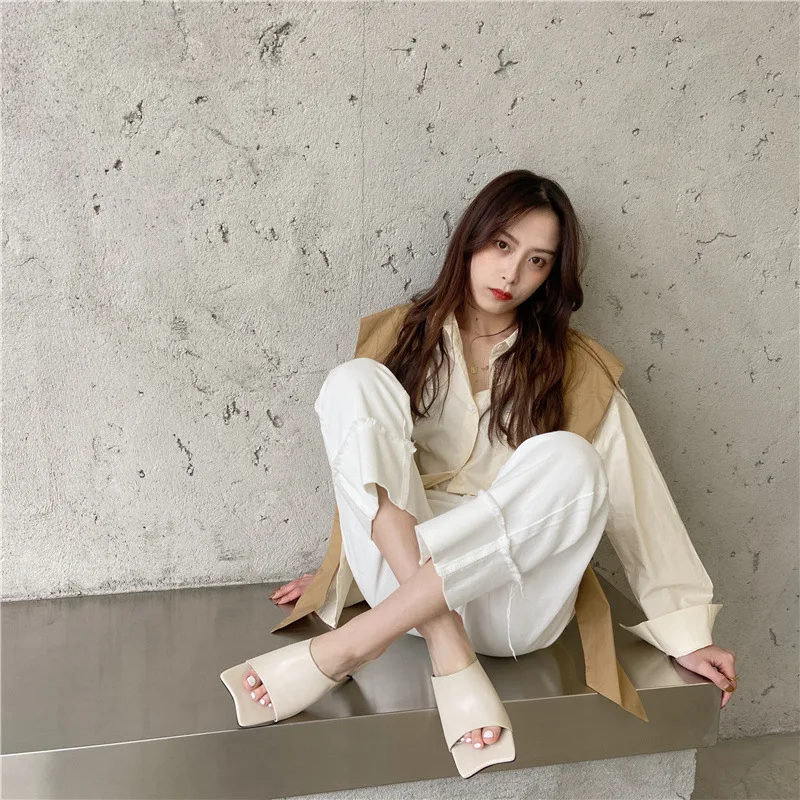 

Candy Color Peep-toe Sandals Women Sexy Chunky High Heels Mules Shoes Summer Slides Square Head Ladies Slippers Beach Shoes