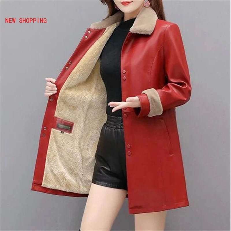 Winter Coats Long Leather Jackets Women Christmas Red Fur Coat Collar PU Leather Parkas Plus Velvet Motorcycle Jacket 5XL Xmas