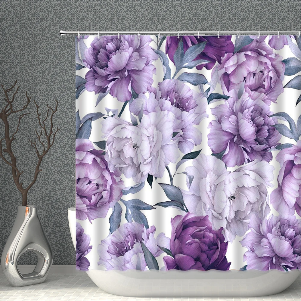 

Занавеска для душа в ретро-стиле, водонепроницаемый шторка для ванной комнаты с рисунком роз, пионов, красных, фиолетовых цветов, с крючками,...