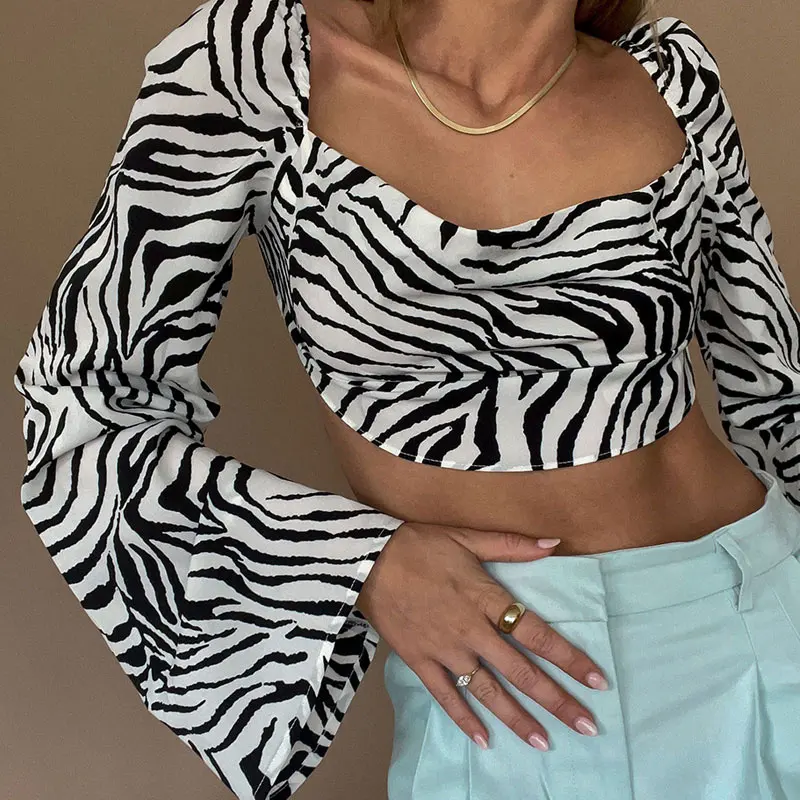 

2021 Summer Elegant Sexy Backless Zebra Lace Up Short Streetwear Print Women Long Long Sleeve Shirt Crop Tops Fashion Club Party