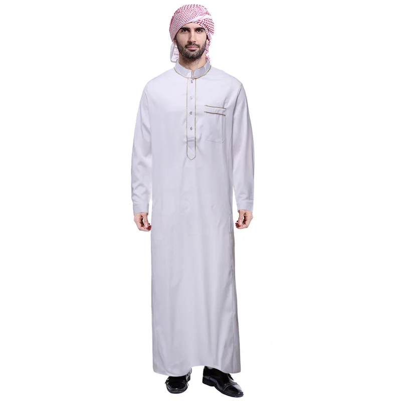 

2021 Summer New Men's Middle East Dubai Muslim Stand Collar Robe Men's Gold Bound Ethnic Style Long Shirt Abaya Kaftan