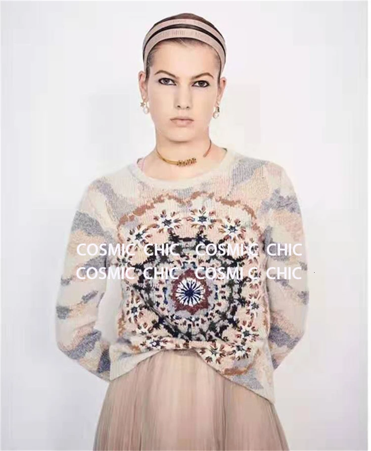 Cosmicchic кашемировый свитер с вышивкой женский вязаный пуловер с длинными рукавами высокое качество элегантный калейдоскоп женский топ