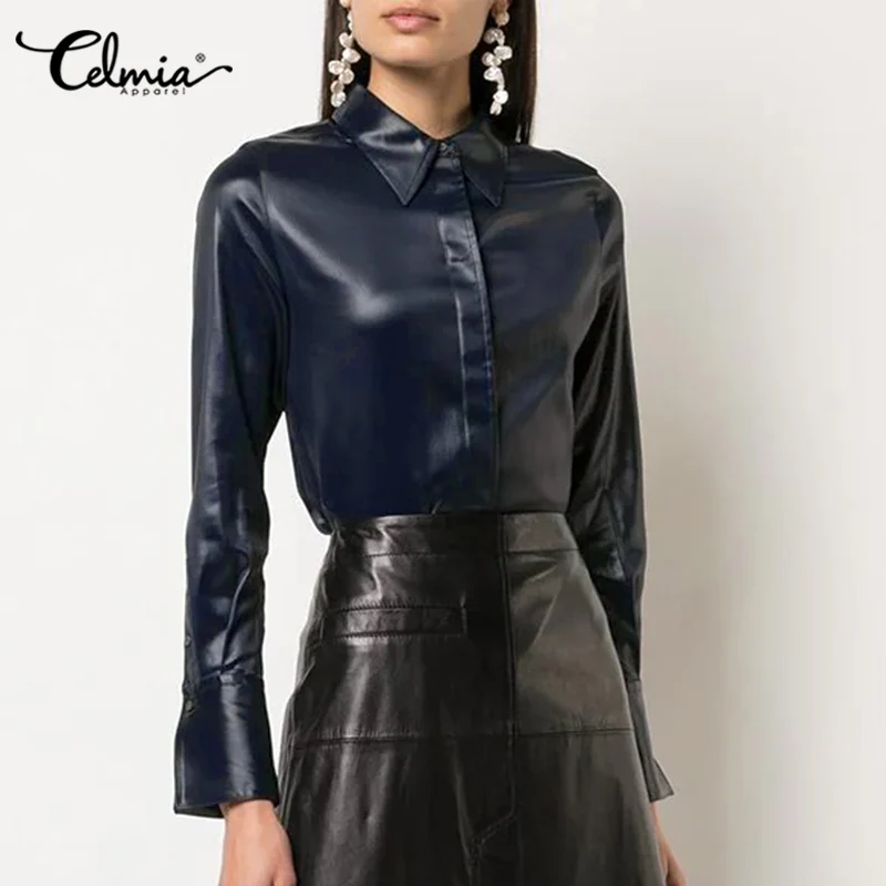 

Модные рубашки из искусственной кожи Celmia, Женские однотонные Топы с длинным рукавом и отложным воротником, Повседневные базовые блузки на п...