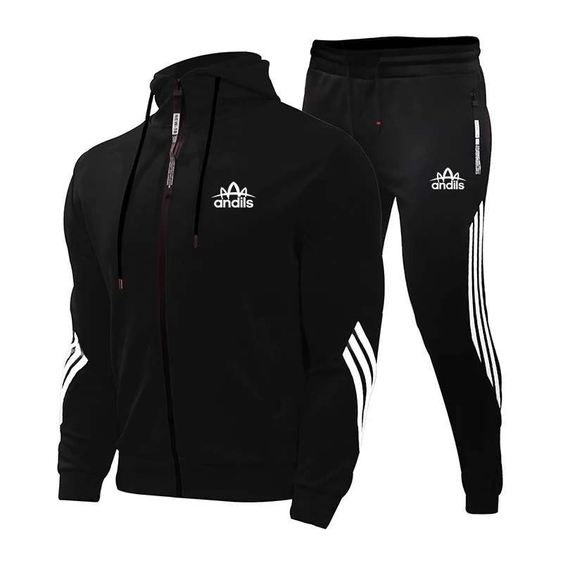 

Spring and Autumn Men's Letter Pattern Side Seam Striped Zipper Hoodie and Sports Pants Set Fashion Casual Jogging 2-Piece Set