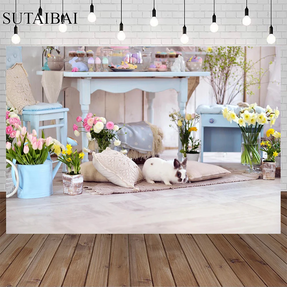 

Spring Easter Background Bunny Decoration Indoor White Brick Wall Flower Children Portrait Photography Photo Studio Photos
