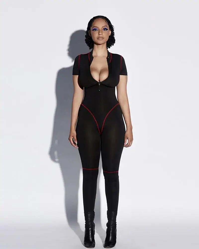 

Short Sleeve Zipper Bodycon Sexy Jumpsuit Summer Women Fashion Streetwear Outfits Pure Jumper Sportswear