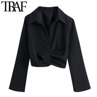 traf women fashion with knot pleated cropped blouses vintage long sleeve elastic hem female shirts blusas chic tops
