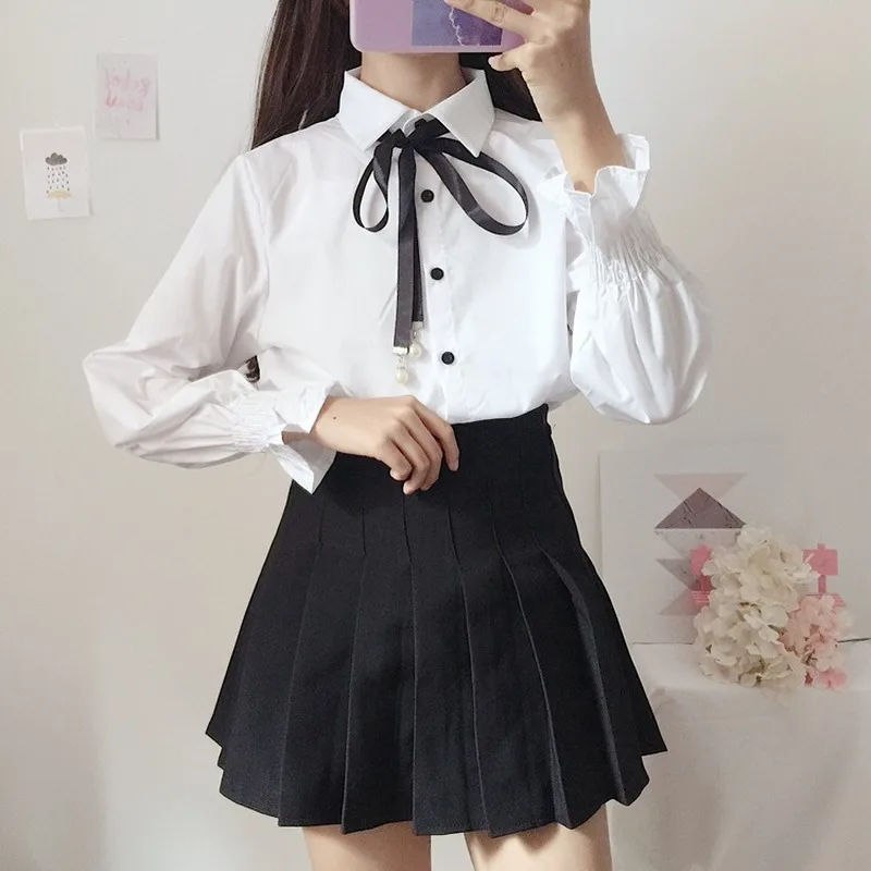 Белая Милая рубашка в стиле преппи Лолиты с бантом и рукавами фонариками милая