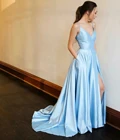 Женское длинное атласное платье-русалка, светло-голубое платье с V-образным вырезом, с карманами, на тонких бретельках, на спине, для выпускного вечера, 2022