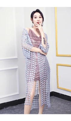 silver grey Cakucool женское роскошное длинное пальто с жемчужинами и бусинами, Casaca, ажурная кружевная одежда с цветочным рисунком, высококачественные корейские кардиганы, большие женские кардиганы - Цвет: silver grey