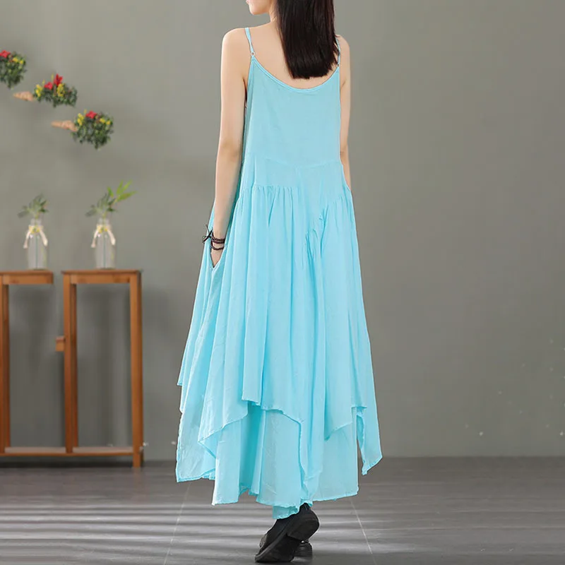 

SeeBeautiful Literary Vintage Irregular Stitching Loose A-line Strap Dress Sleeveless Simple New Fashion Summer 2021 Woman G046