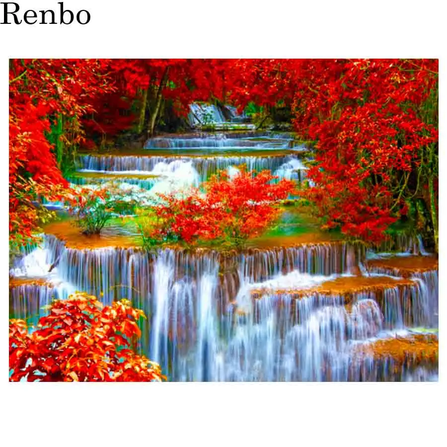 

5D DIY Diamond Painting Autumn Scenery Waterfall Landscape Picture Diamonds Mosaic Diamond Embroidery Full Drill Square Decor