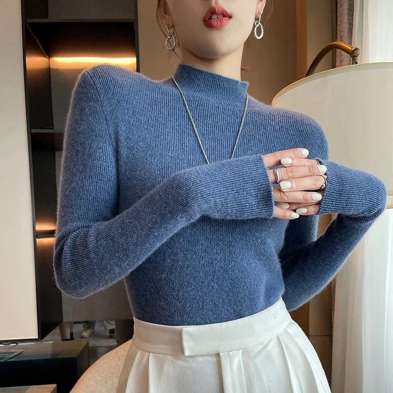 

adohon 2021 woman winter 100% Cashmere sweaters knitted Pullovers jumper Warm Female Mock Neck blouse blue long sleeve clothing