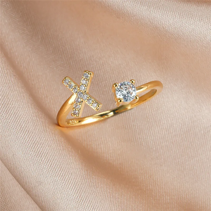 

Simple Female Letter X Zircon Jewelry Cute Gold Color Wedding Rings For Women Luxury White Round Crystal Engagement Open Ring