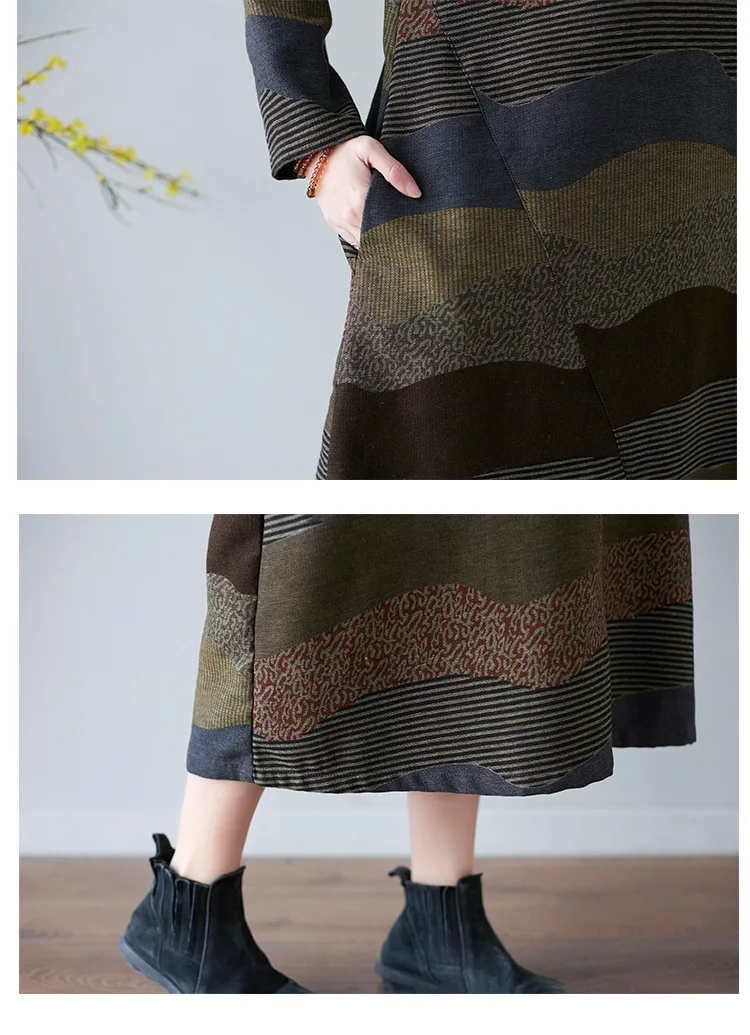 Spring Autumn Women Long-sleeved Stripe Cotton Linen Dress Fall Women's Clothing 2022 New Vintage Plus Size D309 | Женская одежда