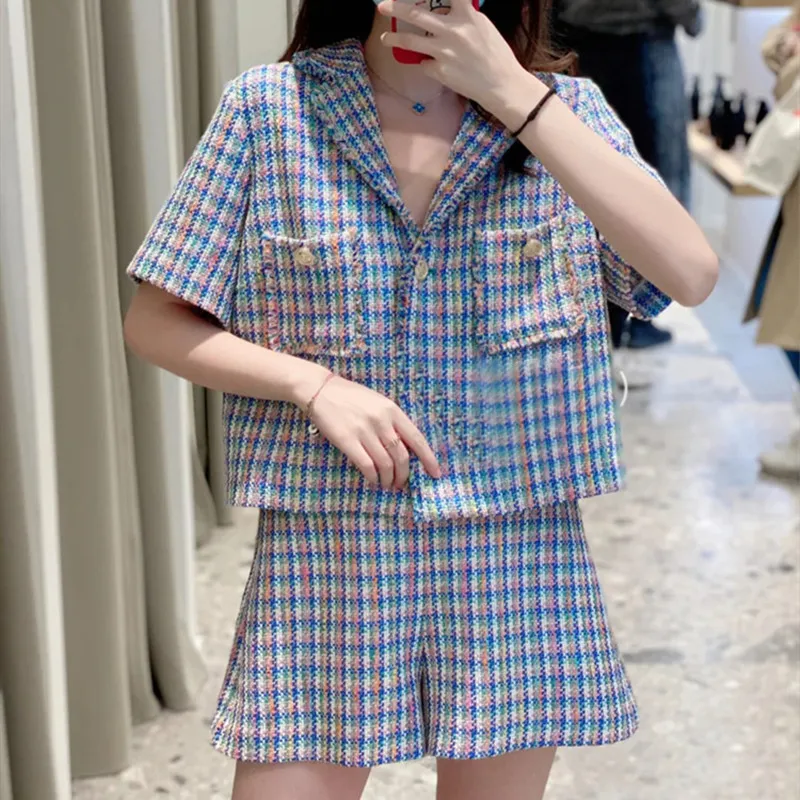 

High Version Summer Women Plaid Hit Color Spliced Loose Designed Shorts Set Female High Street Sweet Shorts Ladies New Set ML200