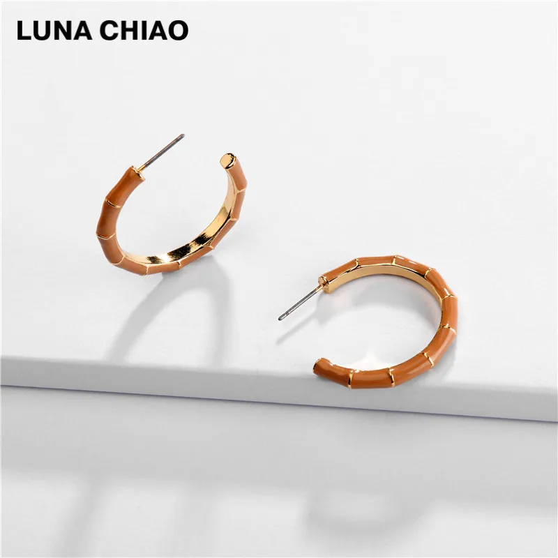 Brown LUNA CHIAO Bamboo Дизайн большие серьги-кольца из металла модные эмалированные Серьги для женщин - Окраска металла: Brown