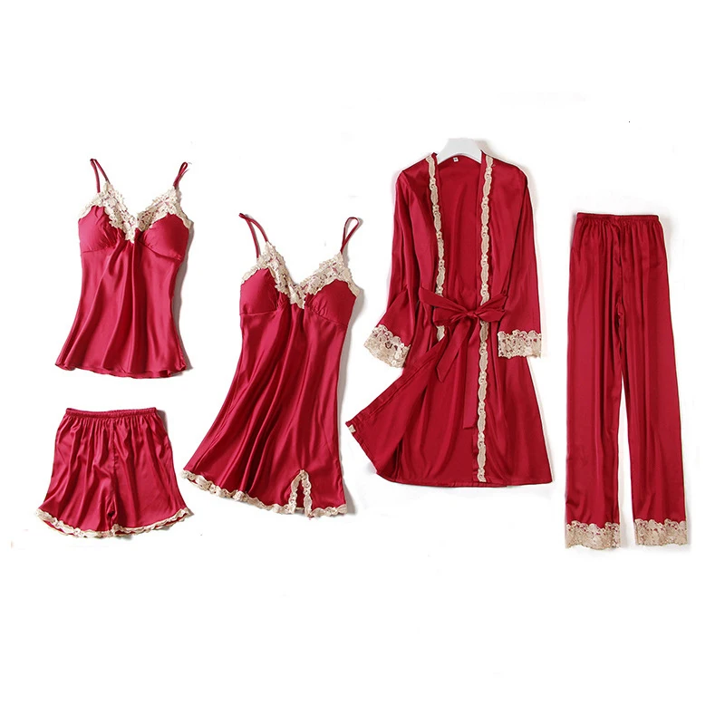 

M-XXL Nightwear Set Womens 5PCS Lace Nightgown Sleep Spring V-Neck Strap Pajamas Suit Sleepwear Kimono Robe Gown Lounge Negligee