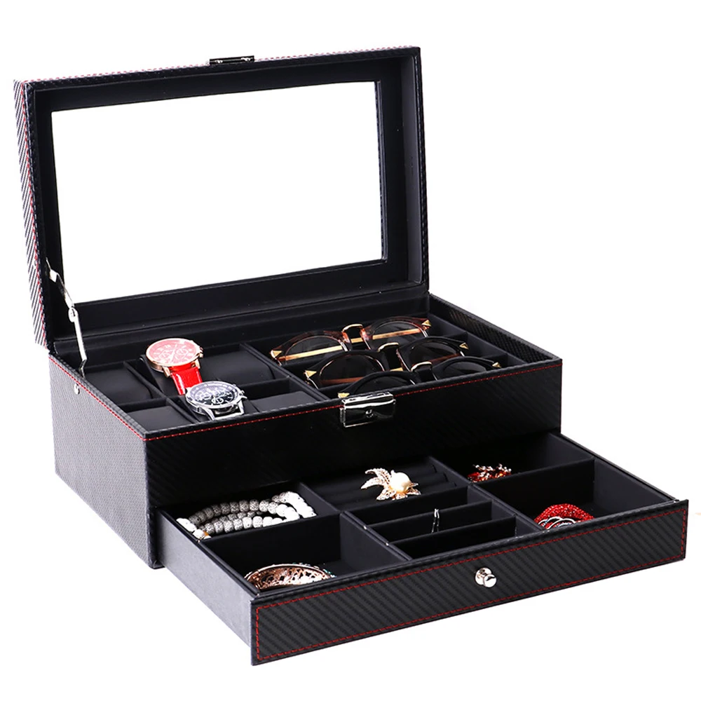 CdyBox коробка для часов из черной углеродистой кожи двойная ювелирных изделий