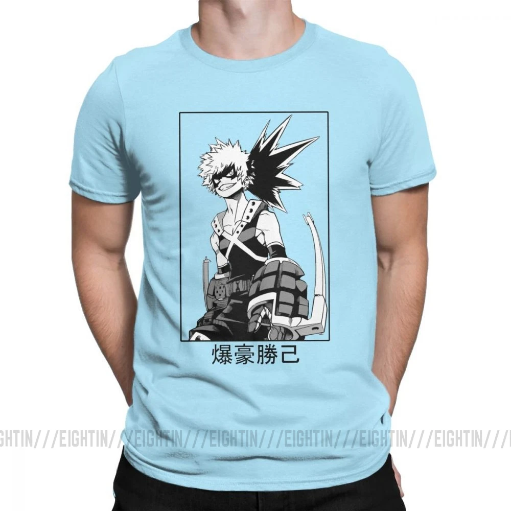 Мужская футболка с надписью «Katsuki Bakugo», футболка с надписью «My Hero Academy», новинка, топы с короткими рукавами и круглым вырезом, хлопковые футболки размера плюс - Цвет: Небесно-голубой