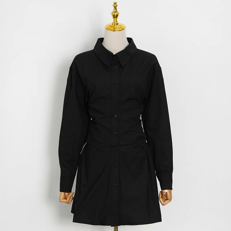 

SISPELL Pure Color Shirt Dress For Female Lapel Collar Long Sleeve High Waist Slimming Ruched Women's Elegant Dress Fashion