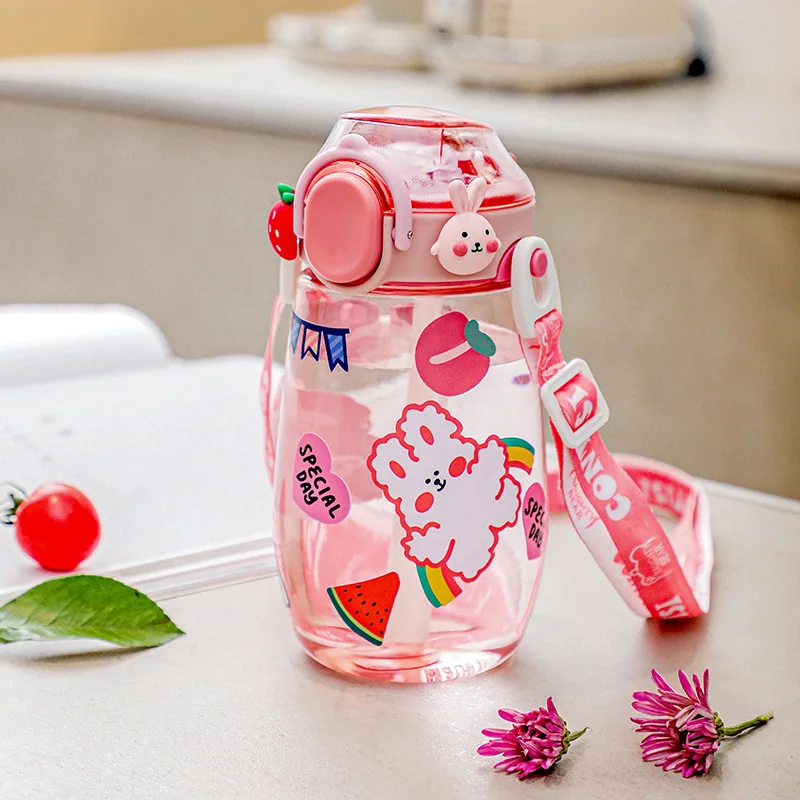 

Children's Water Bottle with Straw 400ml Cup for Kids Girls Cute Cartoon Bottle with Lanyard Student Outdoor Portable Water Jugs