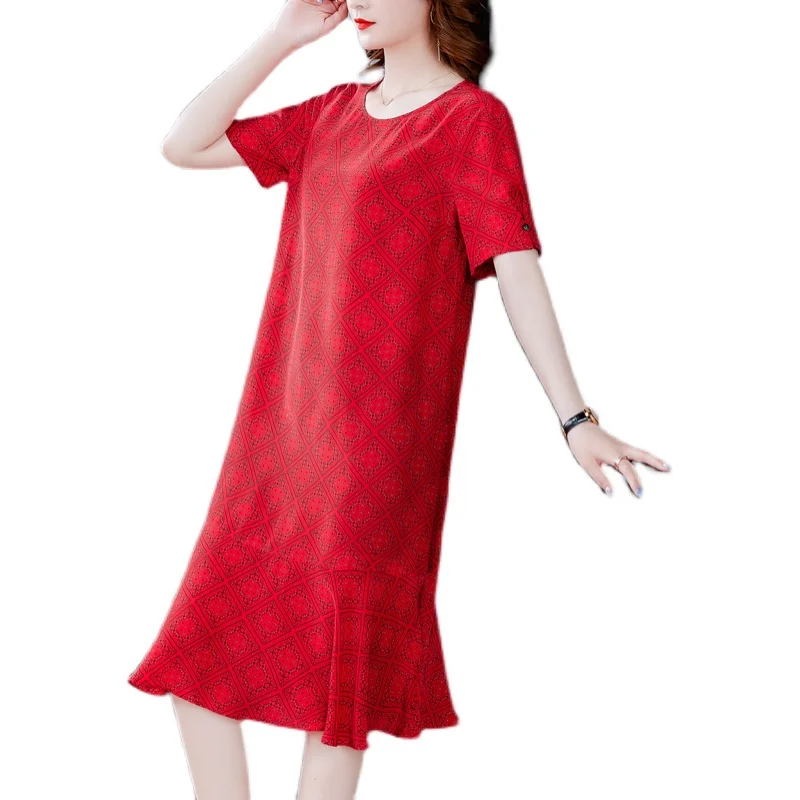 

COIGARSAM 4XL Plus Size Print Women dress New Summer Loose Dresses Red 1566