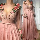 ТРАПЕЦИЕВИДНОЕ платье для выпускного вечера, розовое длинное платье с V-образным вырезом, вечерние платья с 3D цветами, вечерние наряды с длинными рукавами