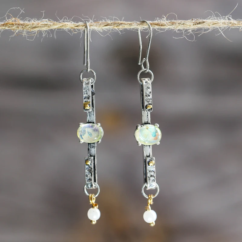 Женские длинные серьги-капельки с опалом и жемчугом винтажные ручной работы Z4D400 |