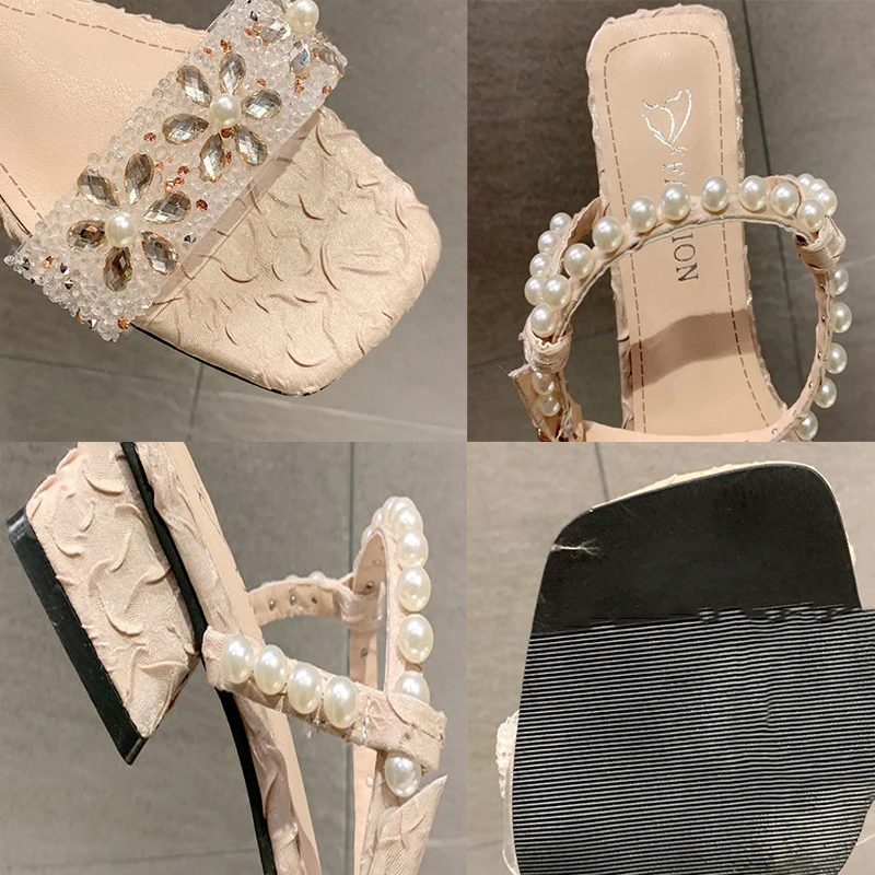 

Rhinestones Pearl Transparent Hollow Out Womens Sandals 2021Fashion Summer Non-Slip High Heel Wedding Shoes Sweet Party Shoes