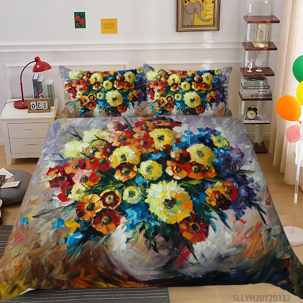 

3D Oil Painting Bedding Set Queen Size Duvet Cover Colourful Flowers Print Classic Retro Bedroom Decoration King Full Double
