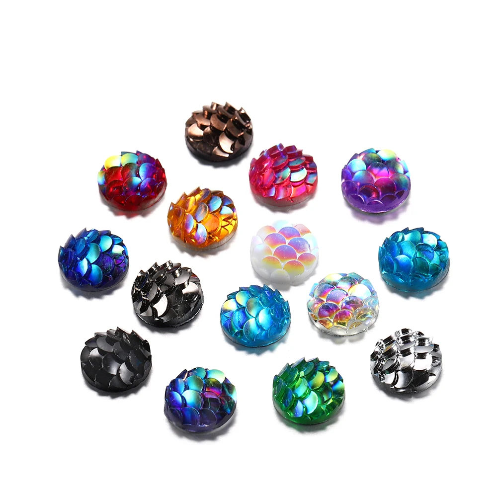 

50pcs 8mm 10mm 12mm Mix Colors Mermaid Fish Scale Flat back Rhinestone Round Cabochon Embellishment Scrapbooking DIY Crafts