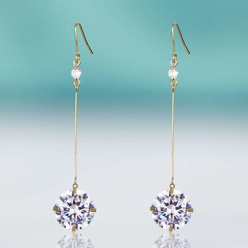 Женские длинные висячие серьги с фианитом золотистые/Серебристые