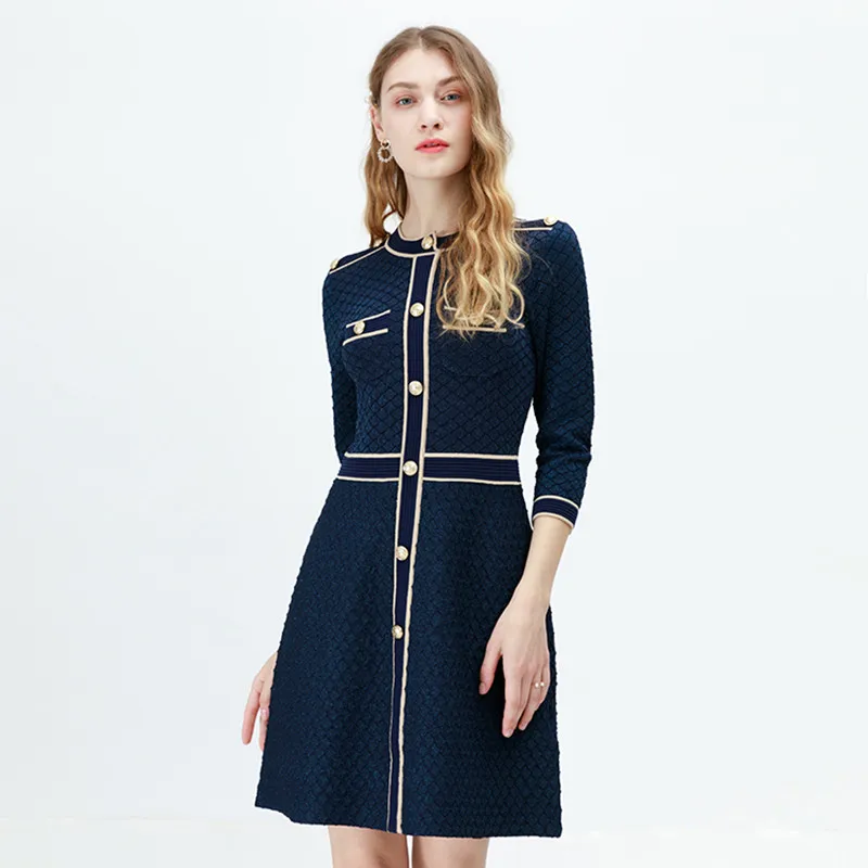 Элегантное женское платье джемпер 2019 Осенняя мода 3/4 рукав однобортный темно