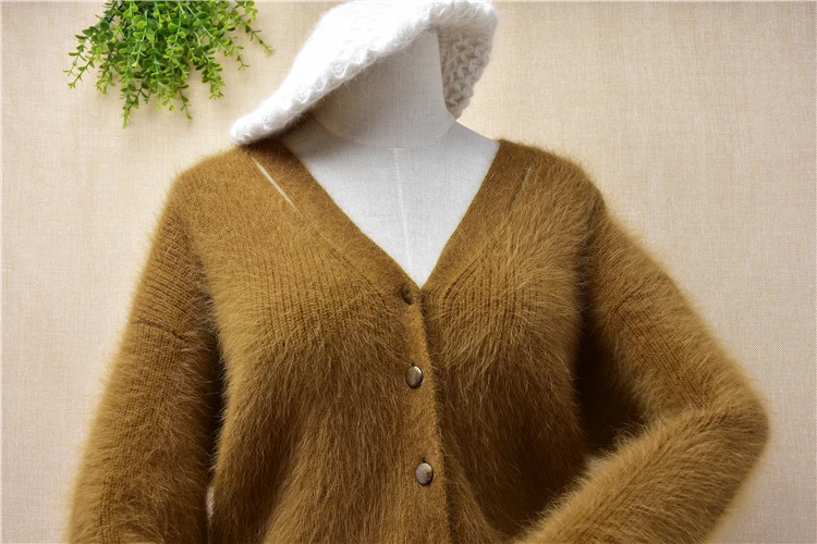 

lady women short style crop top v-neck mink cashmere loose cardigan button angora rabbit hair fashion winter jacket coat sweater