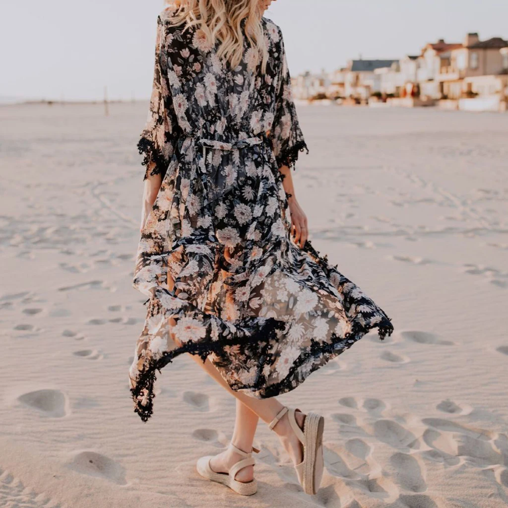 

Women Bohemia Floral Print Chiffon Lace Cardigan Long Tops Loose Cover Up