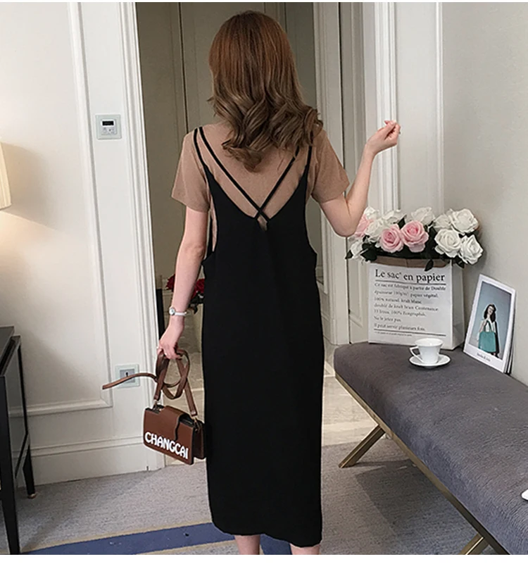 1927# 2PCS/Set Summer Korean Fashion Maternity Long Dress Sexy Sweet Side Splits Sling Dress for Pregnant Women Pregnancy Shirt