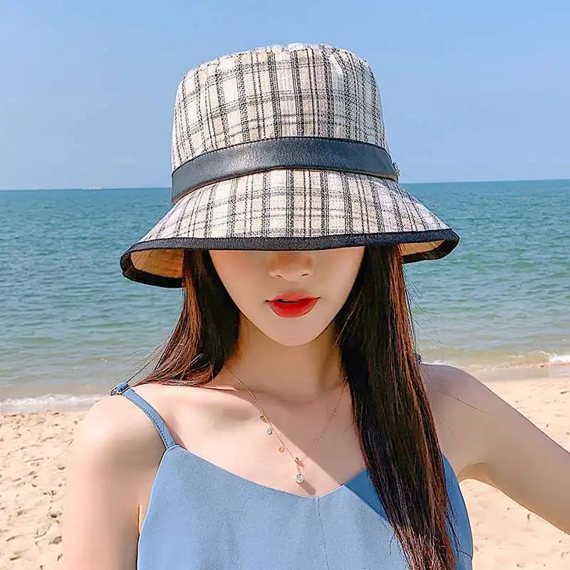 

New Spring Autumn Women Solid Plaid Cotton Bucket Hats Winter Thick Warm Leater Patchwork Fisherman Hats Panama Caps Gorros