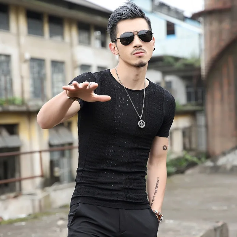 2020 Summer New Mens Short-sleeved T-shirt Korean Slim Fit Collar Ice Silk Hollow Out Youth Personality Trend | Мужская одежда