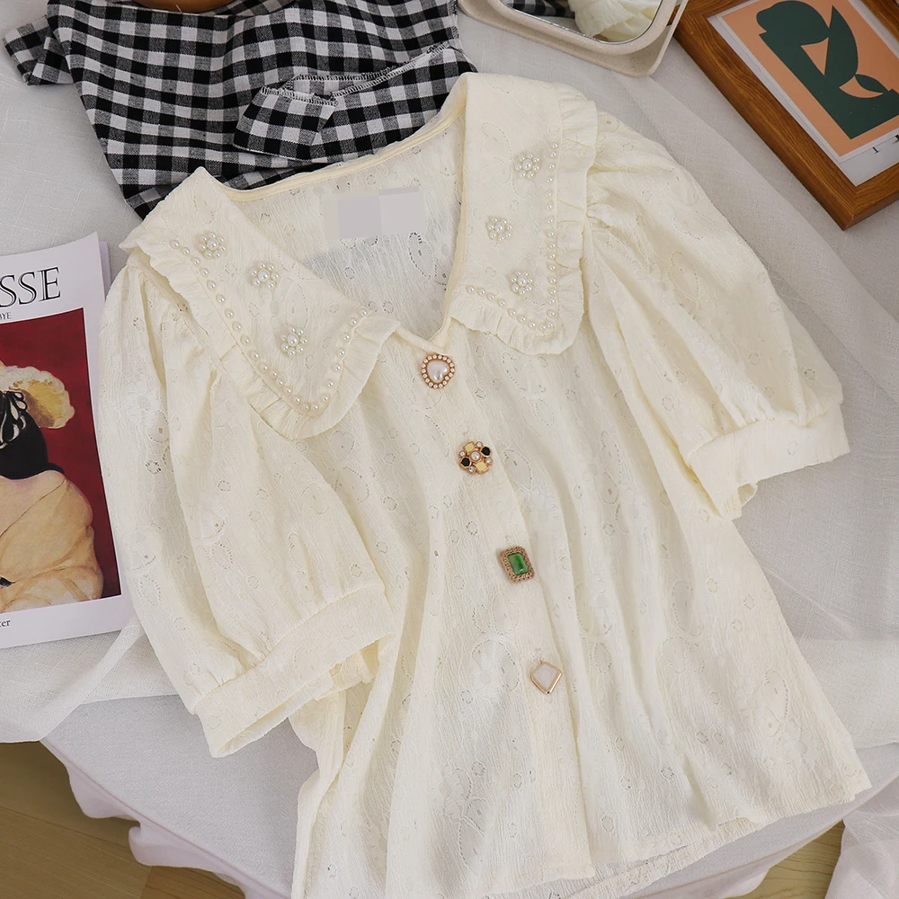 

Doll Collar Beaded Puff Sleeve Top 2021 Summer Vintage Court Style Color Buckle Short Sleeve Shirt for Women