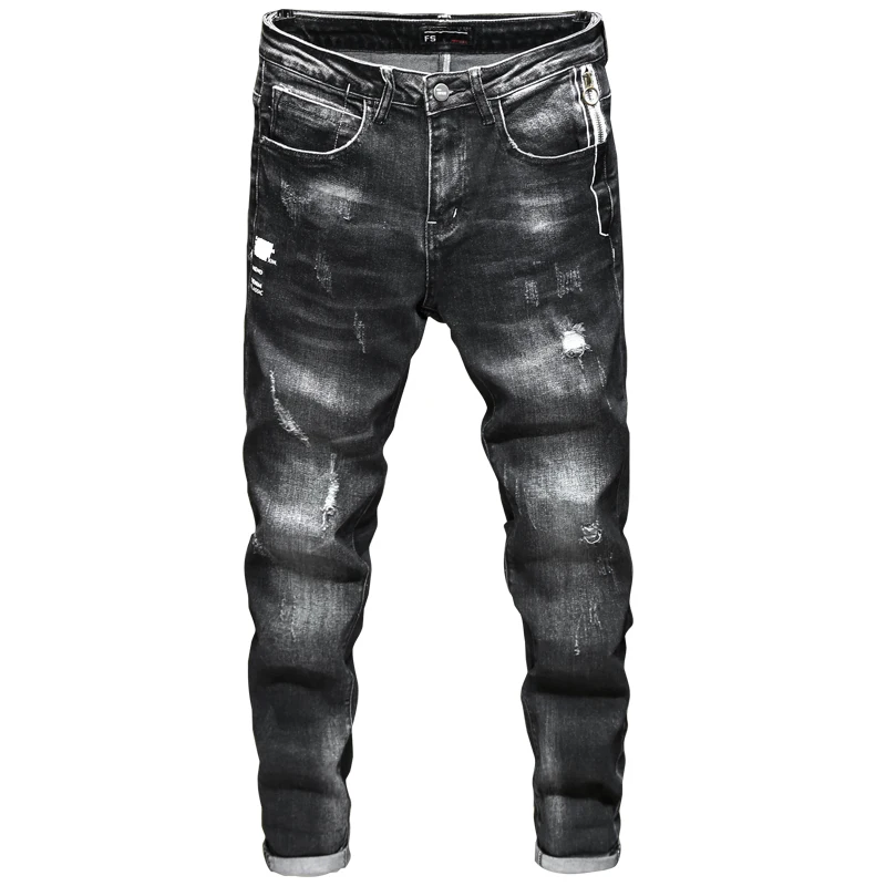 

SHAN BAO 2021 Autumn Brand High Quality Black Jeans Classic Style Zipper Frayed Young Men's Fashion Slim Cotton Stretch Jeans