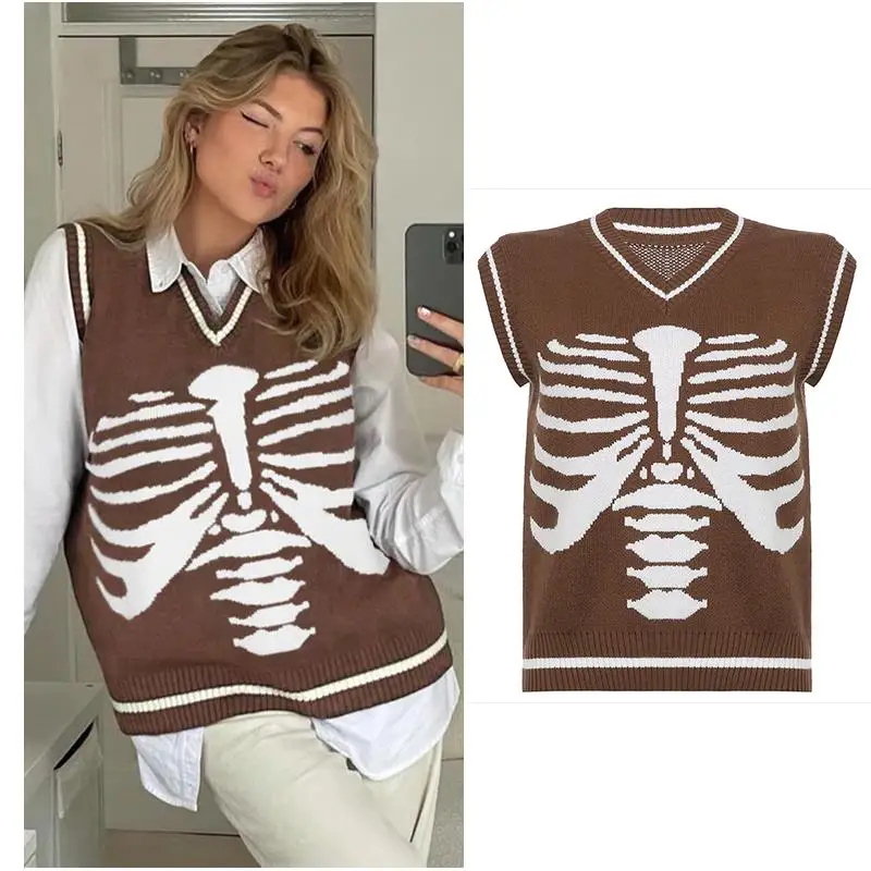 

Skulls Pullovers Sweaters V Neck Knitwear Loose Casual Knitted Jumpers Women Streetwear Retro Tops Autumn Winter