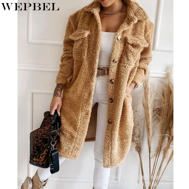 

WEPBEL Long Sleeve Plush Coat Women's Solid Color Pocket Splicing Coat Winter Single-Breasted Turn-down Collar Cardigan Coat