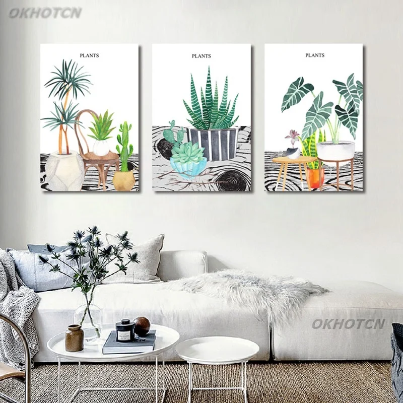 Зеленые растения: акварельный рисунок в современном скандинавском стиле для декора стен в домашнем интерьере - холст, модульная печать и постеры.