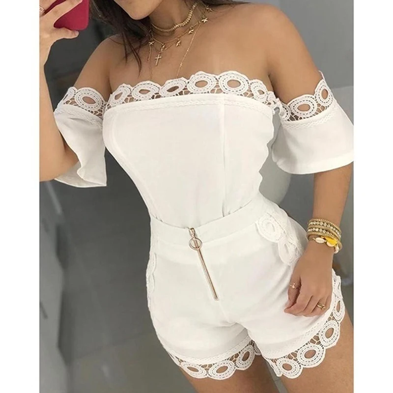 

Sexy Women Playsuit Jumpsuit Lace Floral Hot Summer Slash Neck Short Sleeve Bodycon Romper Chic Party Outfits Clothes Set