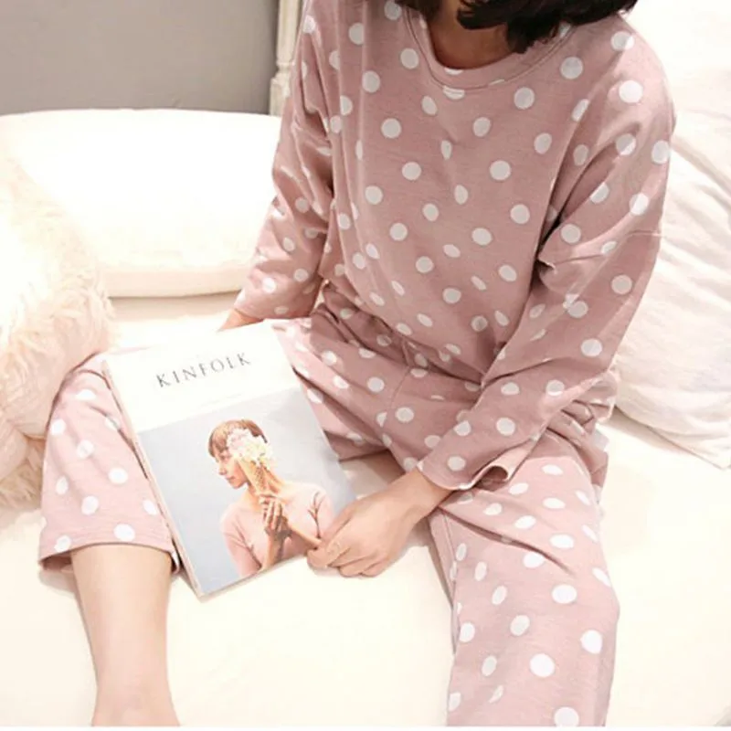 

Spring Autumn Women Striped/Polka Dot Print Long Sleeves Pajama Sets Cute Sweet Loose Sleepwear Home Suit